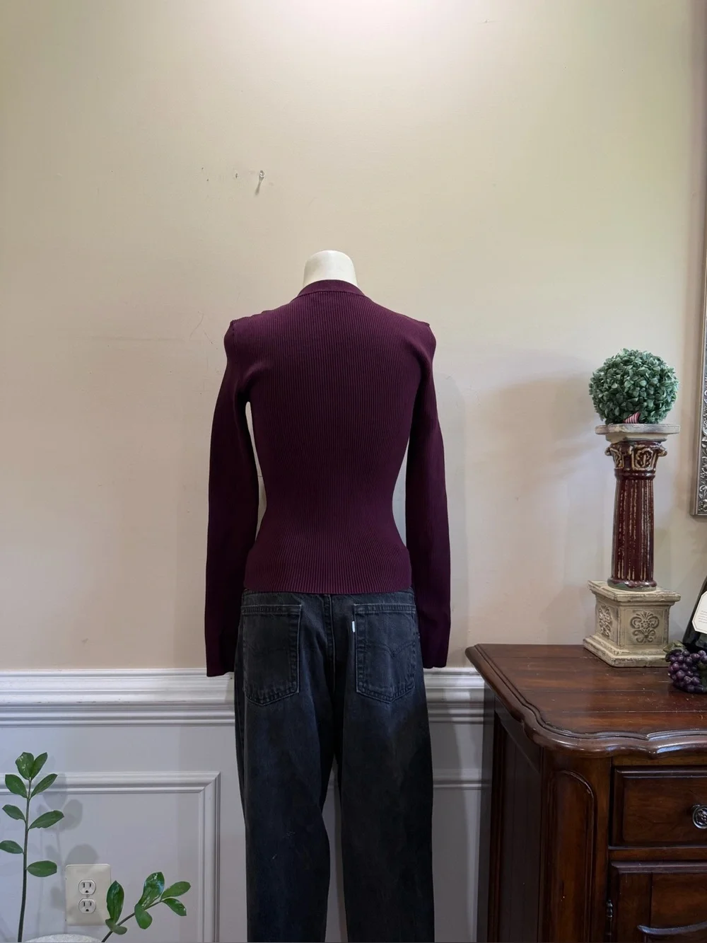 Tory Burch Plum Ribbed Sweater with White Chevron Stripes